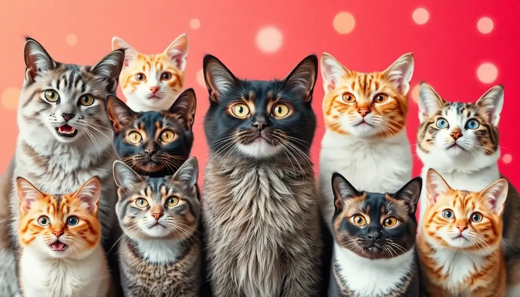 A montage of different cat breeds from America each showing unique expressions.
