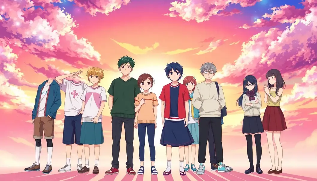 A group of diverse anime characters standing united, symbolizing peace and conflict resolution.
