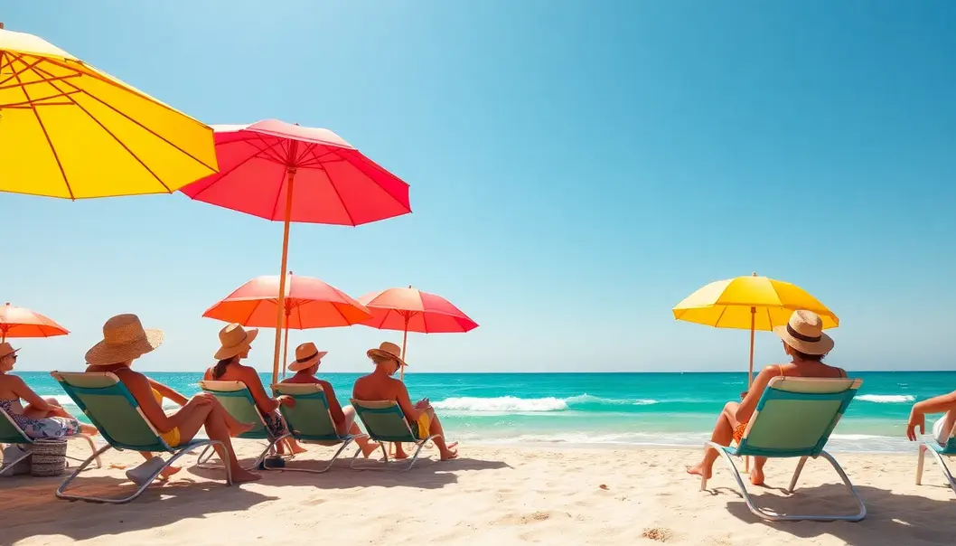 A sunny beach scene with people in vibrant outfits relaxing under umbrellas.