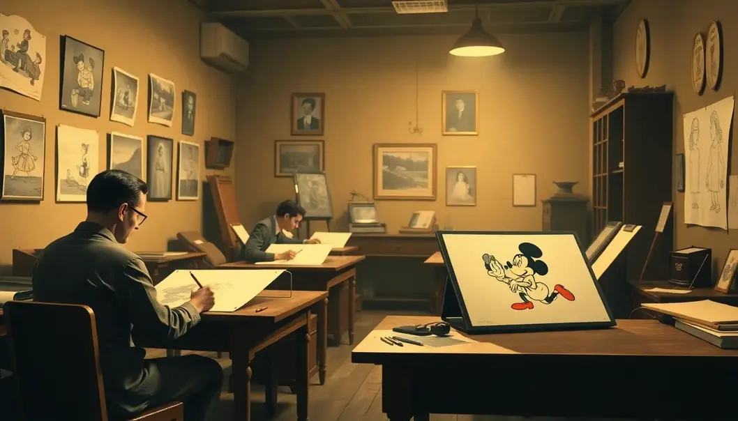 Artists at work in a classic animation studio, creating timeless hand-drawn characters.