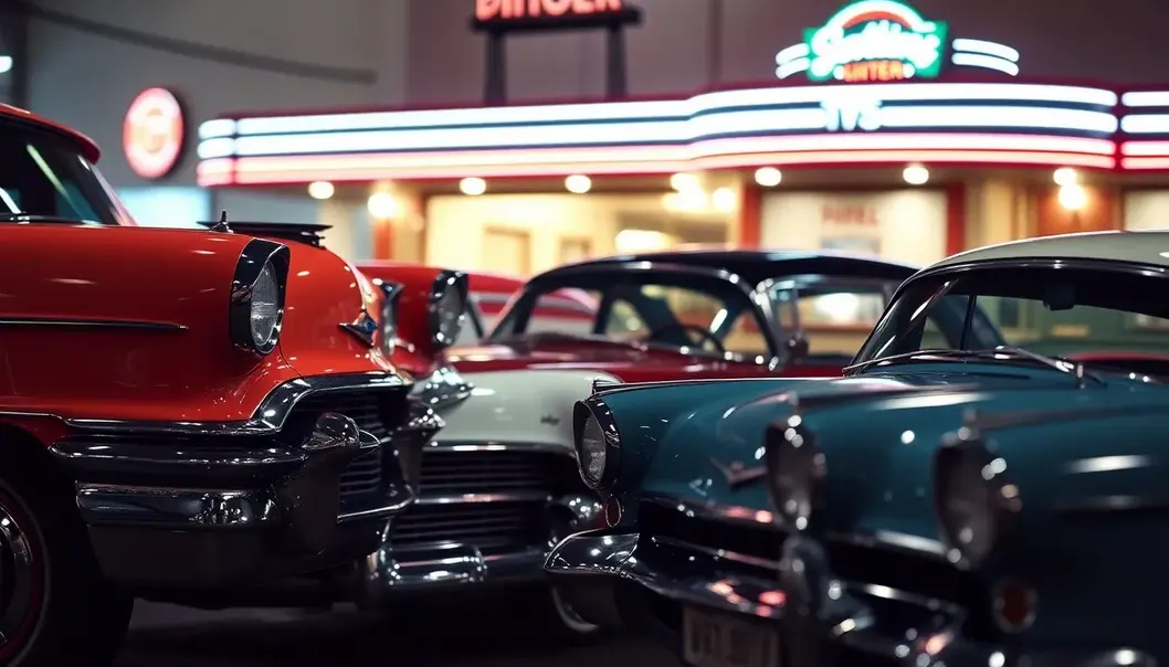 A lineup of 1950s classic cars showcases iconic designs featuring chrome and curves.