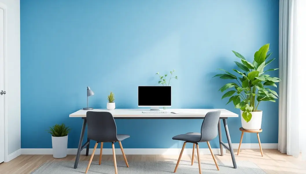 A calming workspace designed with blue and green accents to inspire relaxation.