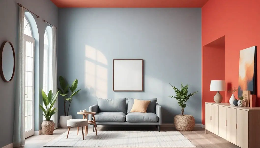 Room interior featuring a balanced mix of blues, reds, and neutrals.