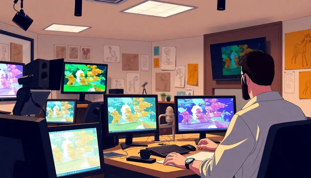 Artists at work in a classic animation studio, creating timeless hand-drawn characters.