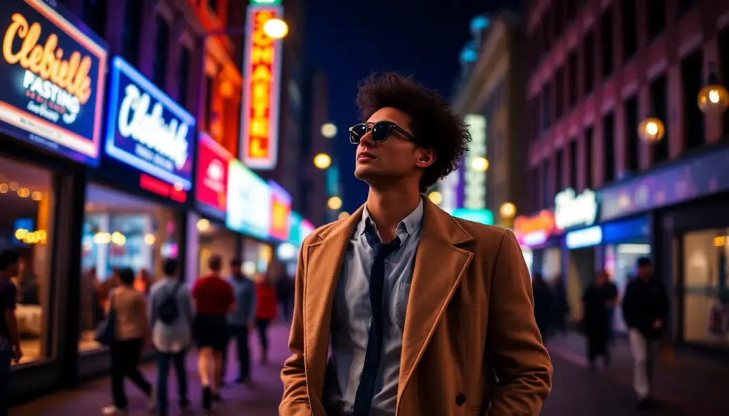 A person in stylish clothes amidst vibrant city lights, reflecting music's influence on fashion and mood.