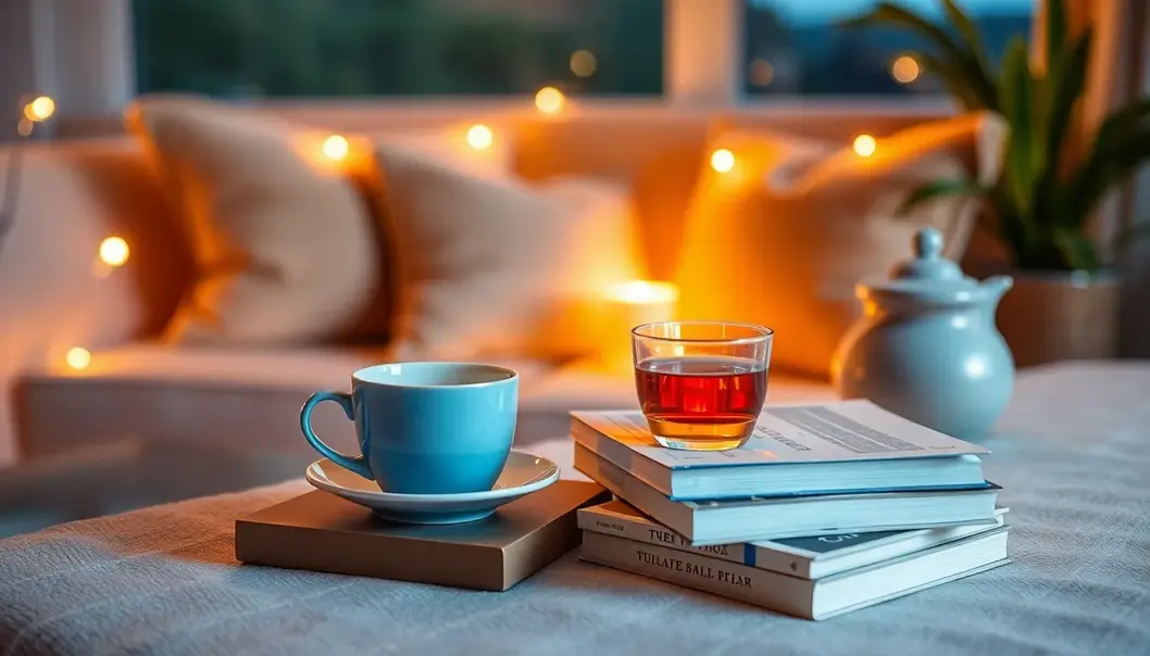 A seating area with warm lighting, a cup of tea, and books for an evening routine.