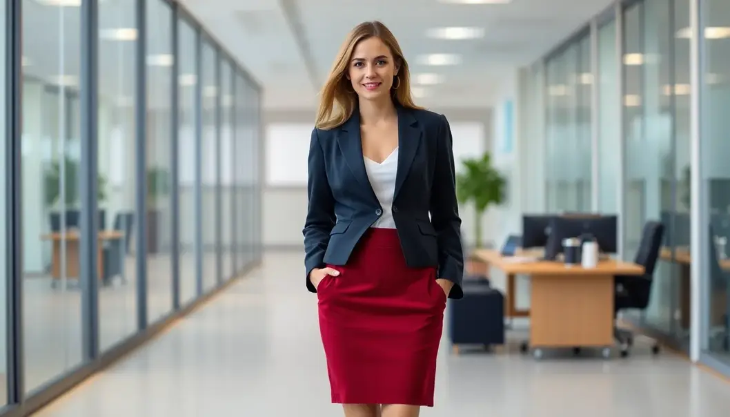 A petite professional in tailored workwear.