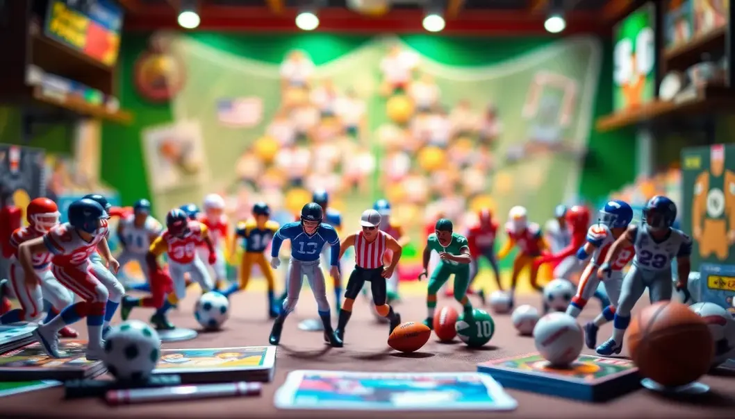 A collection of action figures and trading cards in a sports-themed setup, showing vibrant details and nostalgic lighting.